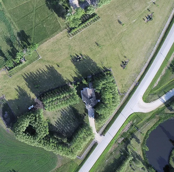 Overhead photo of farmhouse.