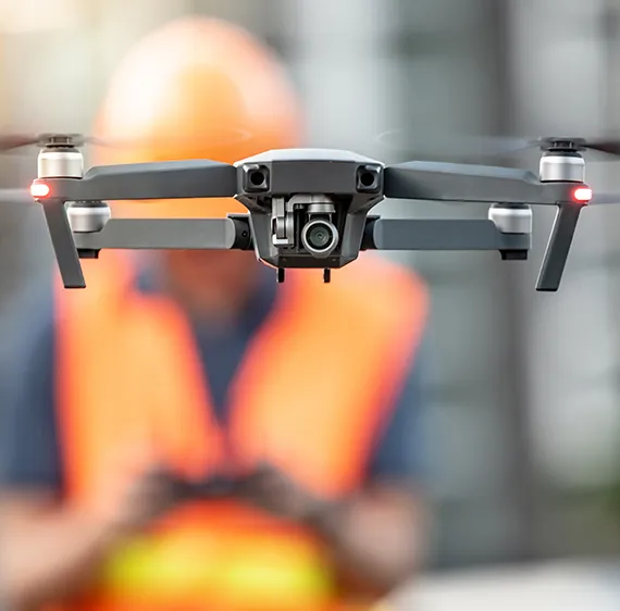 Drone flying in foreground with drone pilot in orange safety clothing in the background.