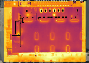 Thermal imagery of a commercial building rooftop.