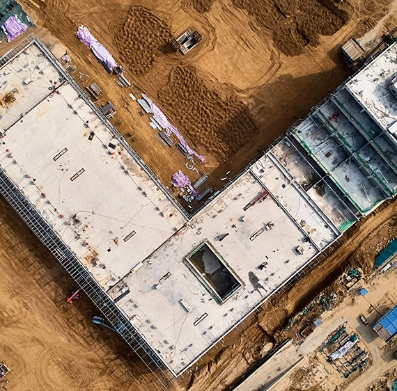Aerial photo of construction site underway.