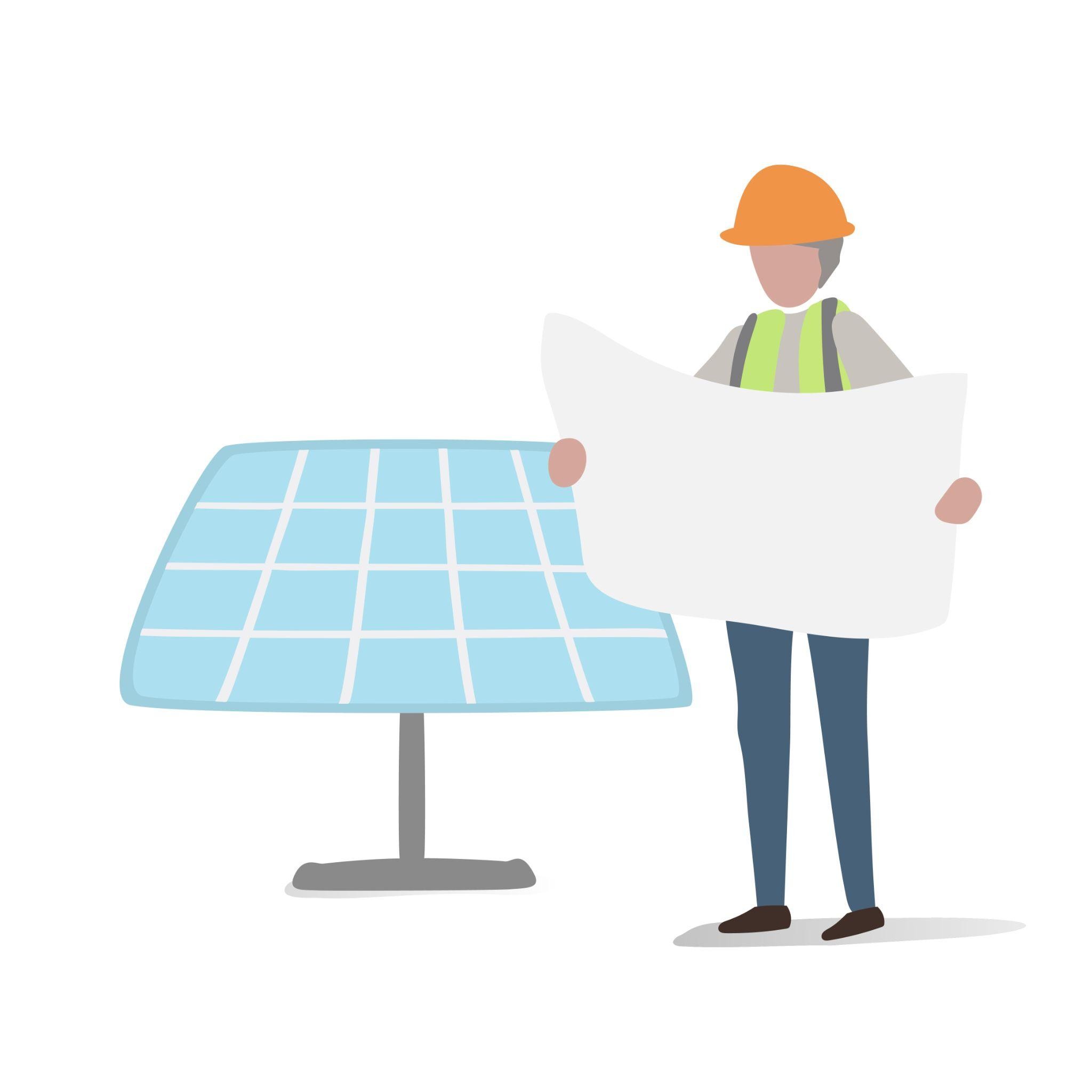Cartoon image of construction worker holding a large document standing next to a large desk.