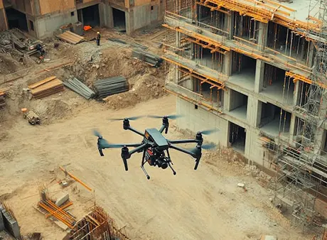Drone hovering over construction site.