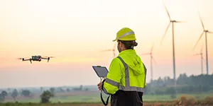 Drone pilot flying at construction site.