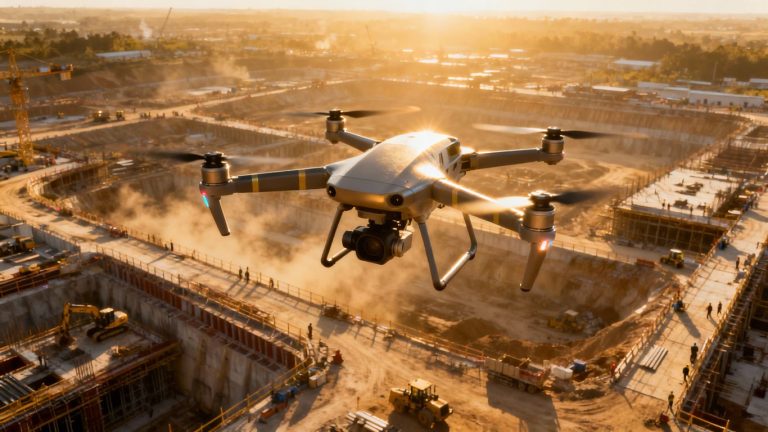 Drone filming large infrastructure project from above.