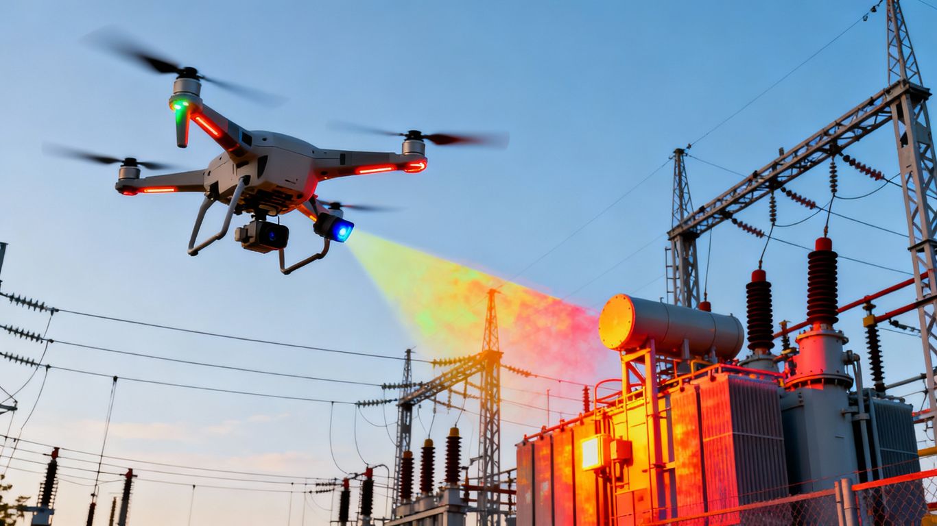 Drone inspecting a utility substation with thermal camera.