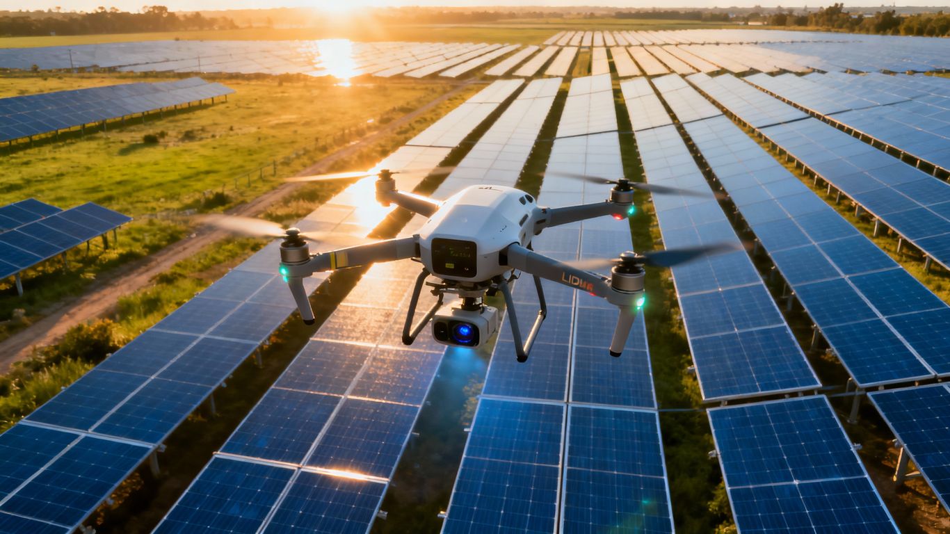 Drone surveying a solar farm with LiDAR technology.