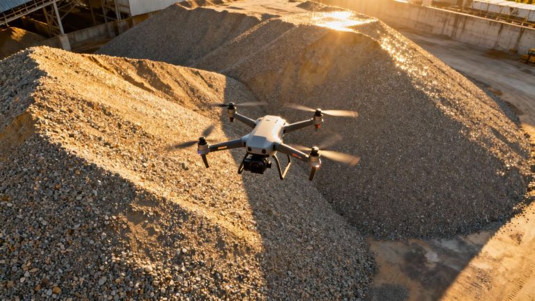 Drone measuring large gravel stockpile from above.
