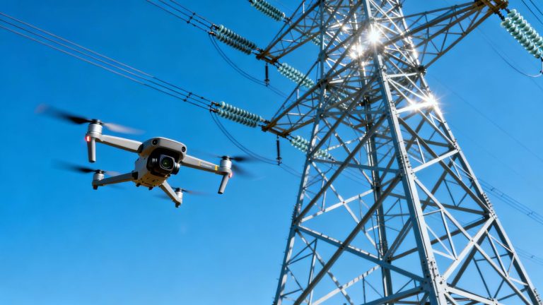 Drone inspecting high voltage power lines.