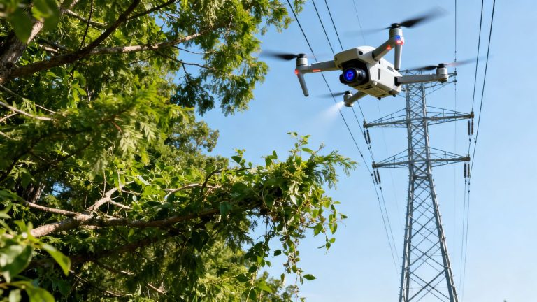 Drone inspecting vegetation near power lines.