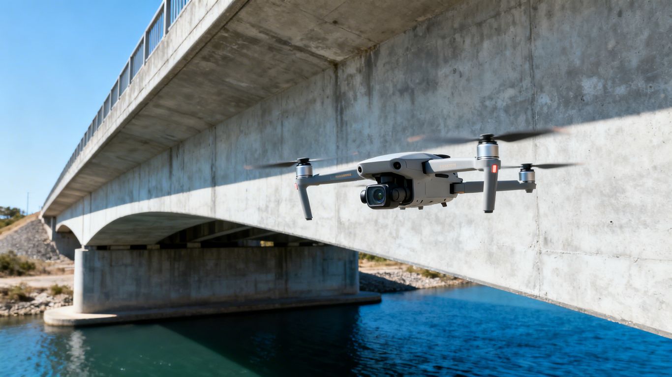 Drone inspecting a bridge from below.