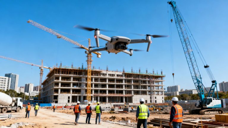 Drone surveying modern construction site with cranes and workers