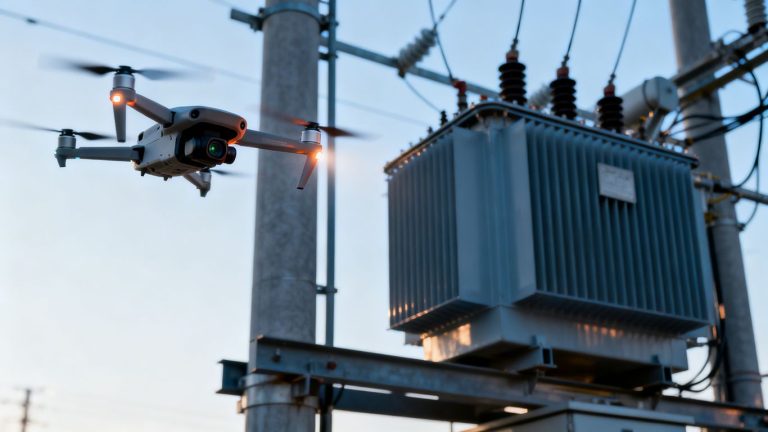Drone inspecting substation transformer
