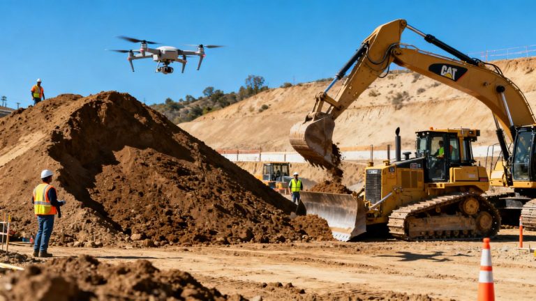 Drone flying over California construction site and stockpiles