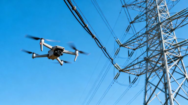 Drone inspecting high voltage power lines