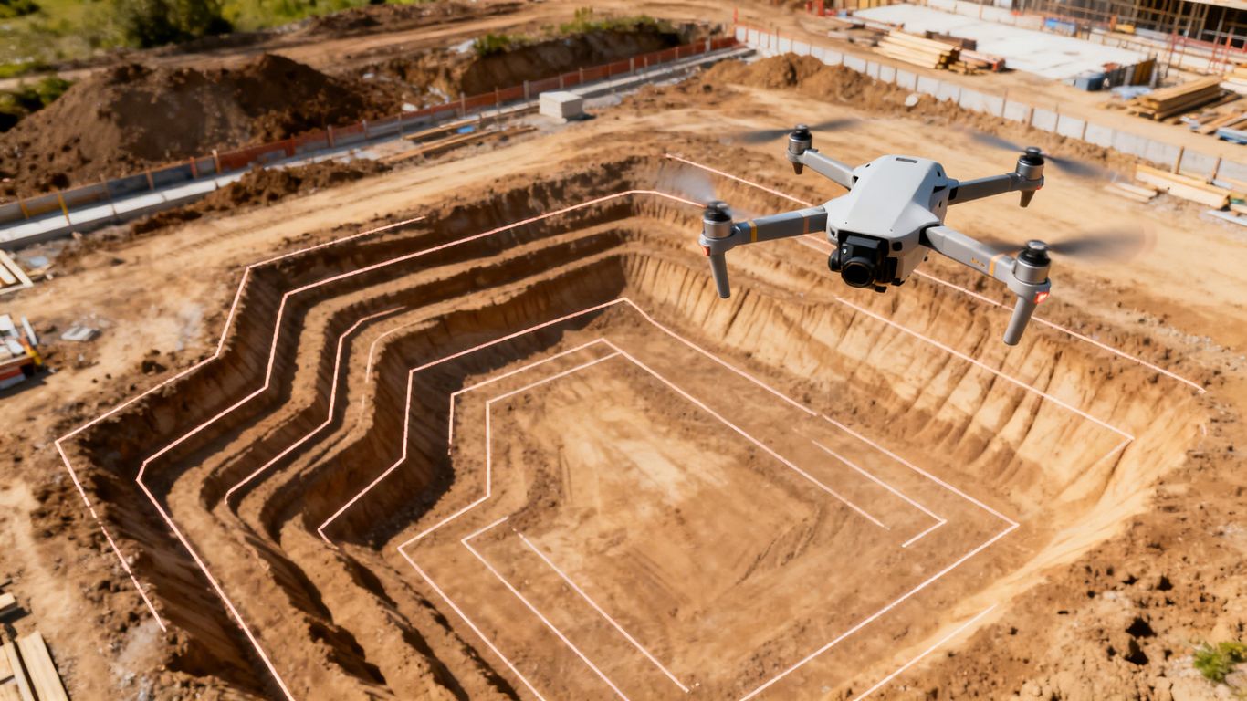 Drone surveying a construction site with topographic data.