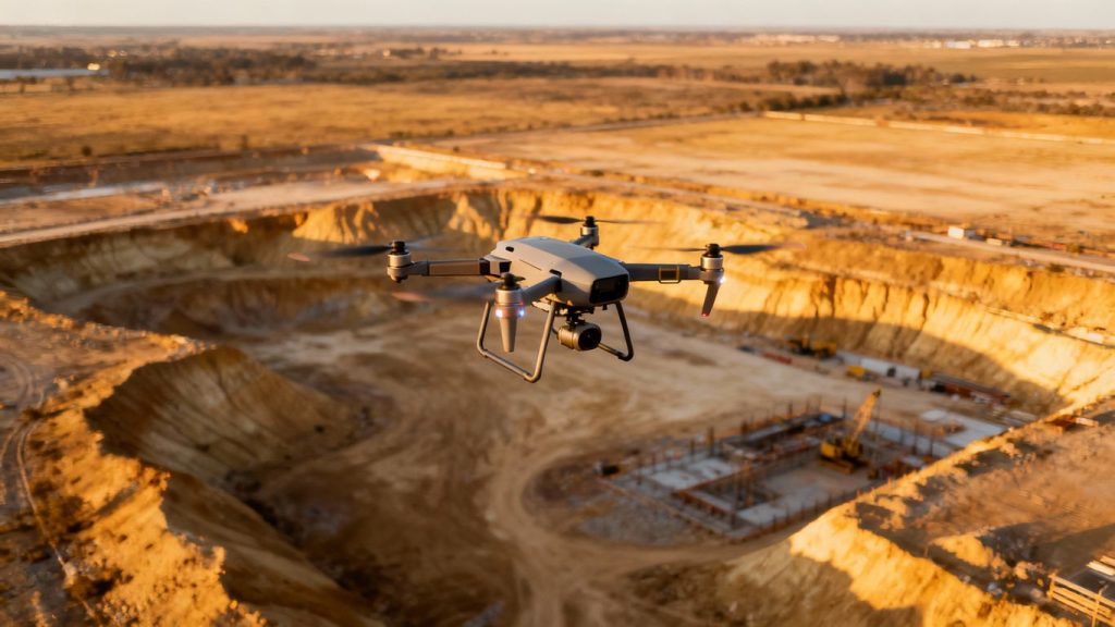 Drone mapping a construction site's topography.