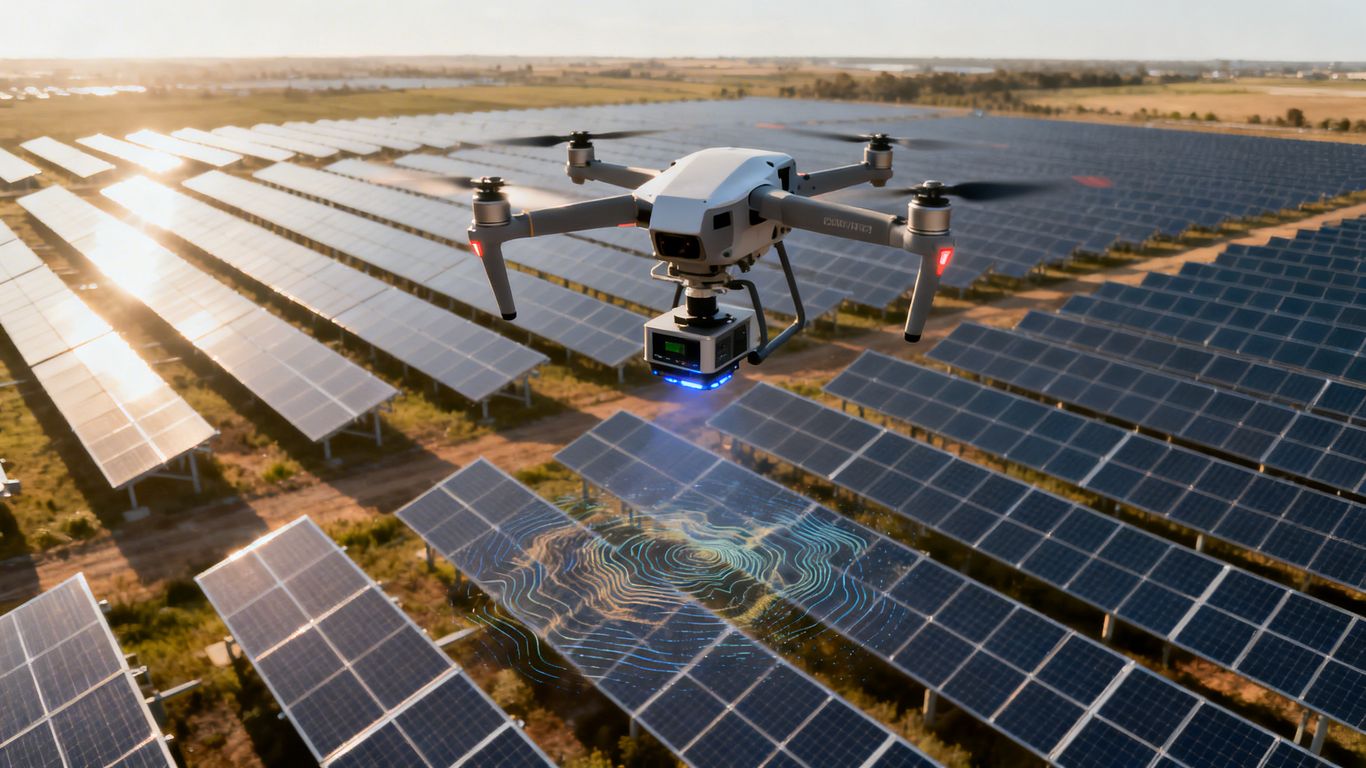 Drone surveying a solar farm with LiDAR technology.