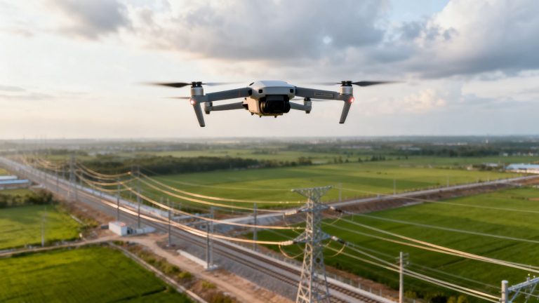 Drone monitoring utility lines over infrastructure site