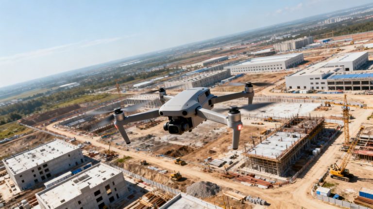 Drone surveying a large construction site from above.