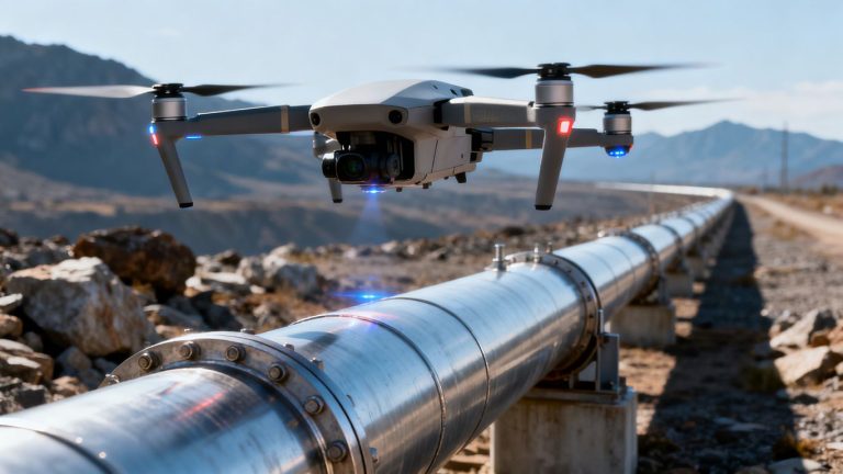 Drone inspecting industrial pipeline from above.