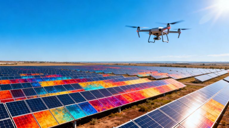 Drone inspecting solar panels with thermal imaging.