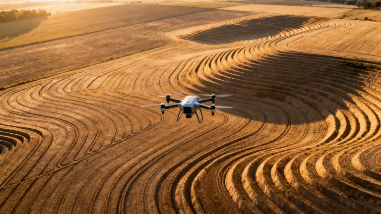 Drone surveying precise land contours from above.