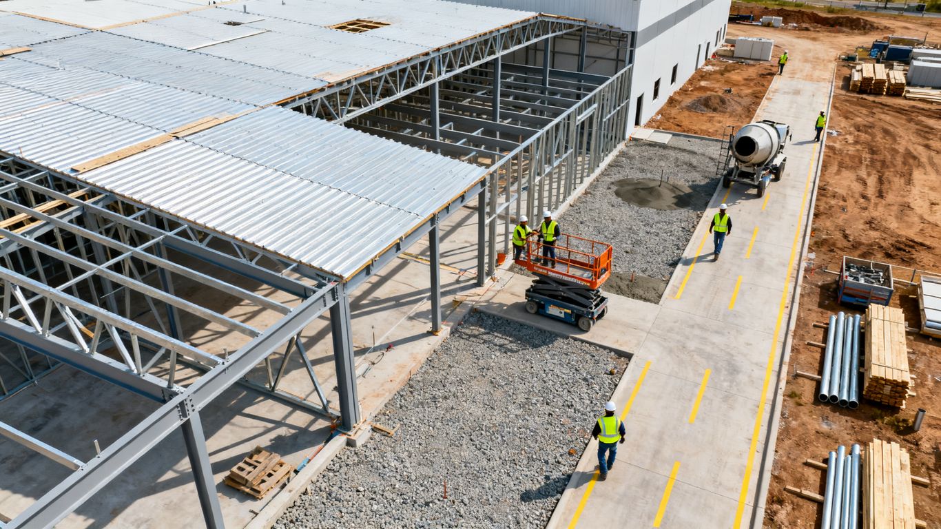 aerial photo of construction site with 3 workers below, one in a scissors lift.